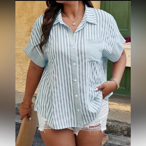 Classic Elegant Plus Size Stripe Short Sleeve Button Down Shirt Blouse Top - Picture 4 of 8